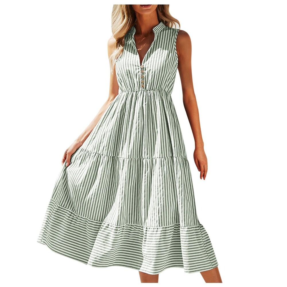 Shirt Collar Summer Striped Waist Dress Sz L